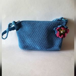 The Sak Blue Crochet Shoulder Bag with Pink Flower